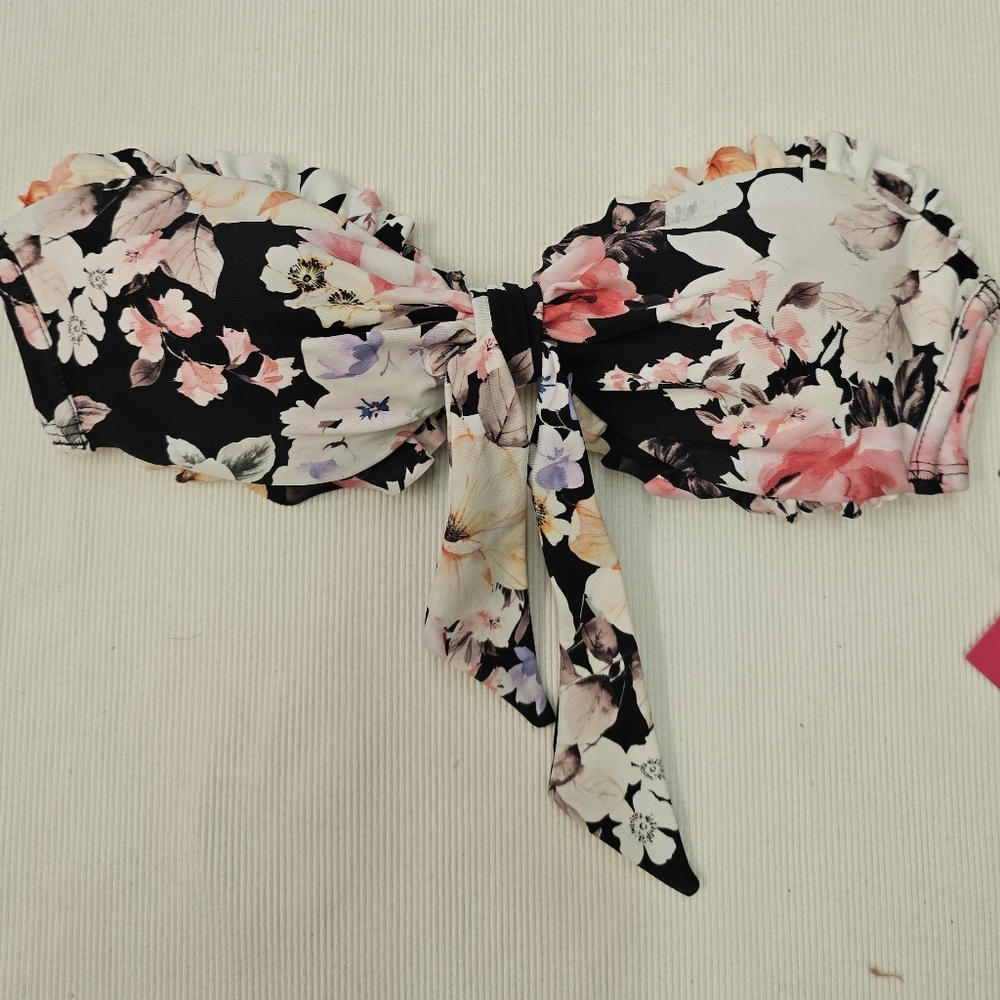 Xhilaration Floral Ruffle Bow Front Bandeau Swim Top-Black & Pink, XS